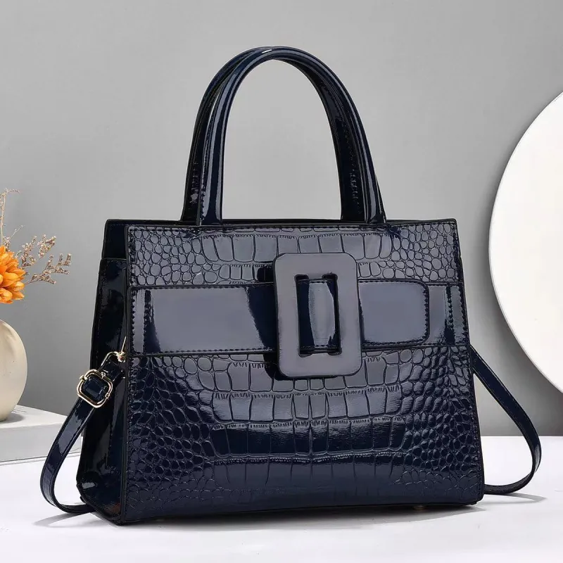 Women Patent Leather Handbag Crocodile Pattern Square Buckle Tote Shoulder Crossbody Bag Fashion Casual Top Handle Bag