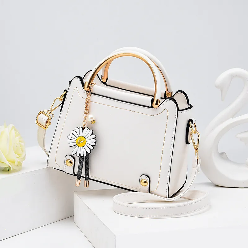 Women Fashion PU Leather Small Square Bag With Daisy Charm Contrast Stitching Metal Handle Crossbody Shoulder Handbag