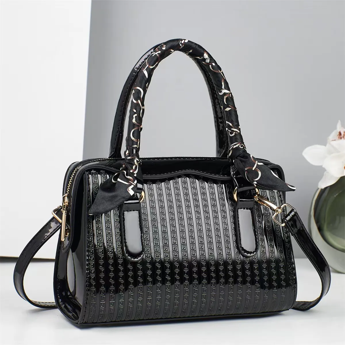 Women Fashion Embossed PU Leather Handbag With Scarf Handle Large Capacity Crossbody Shoulder Bag Mother Top Handle Purse