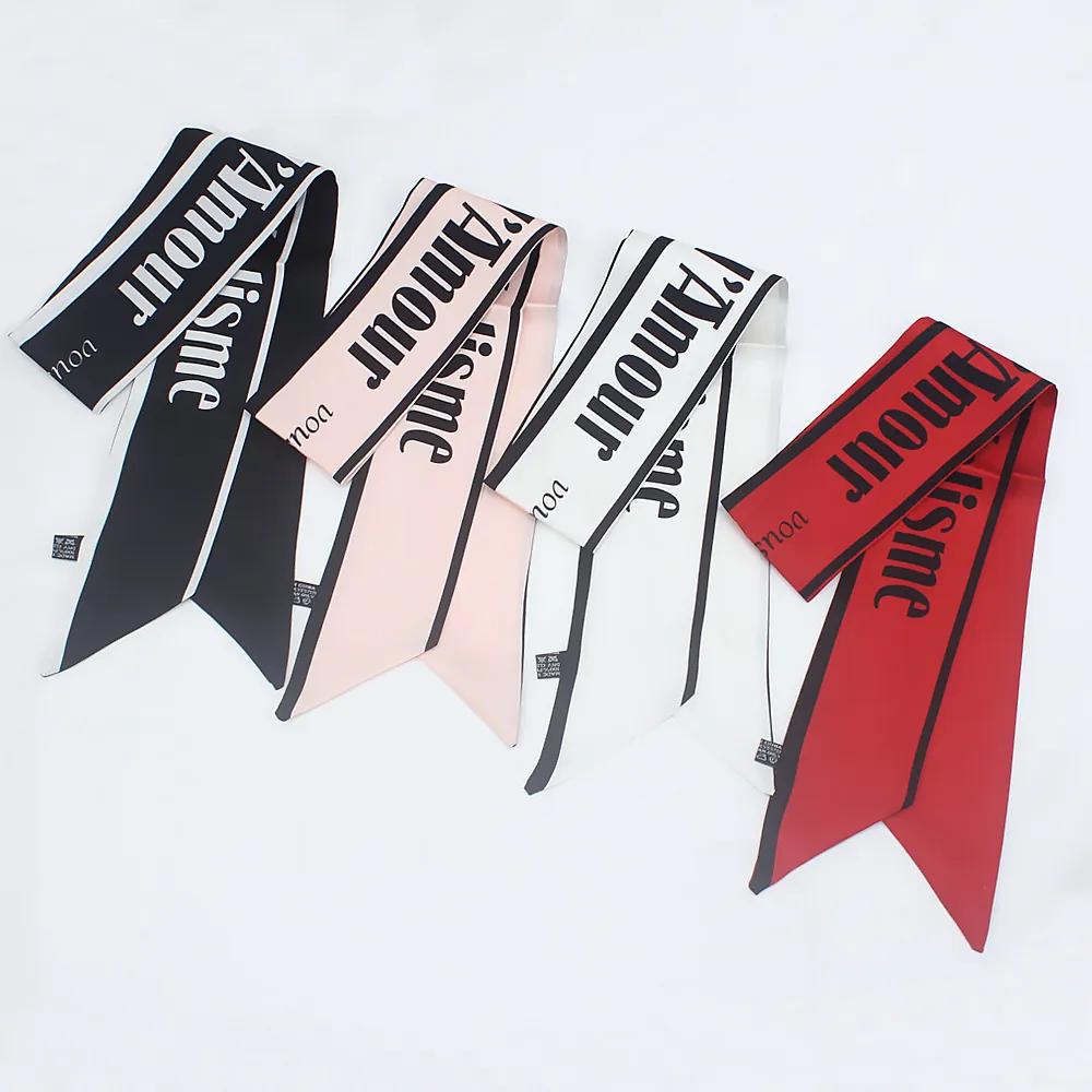 Foulard Twilly en Satin Imprimé Lettres Françaises pour Femmes Ruban Long et Étroit Poignée de Sac à Main Bandeau Minimaliste Accessoires