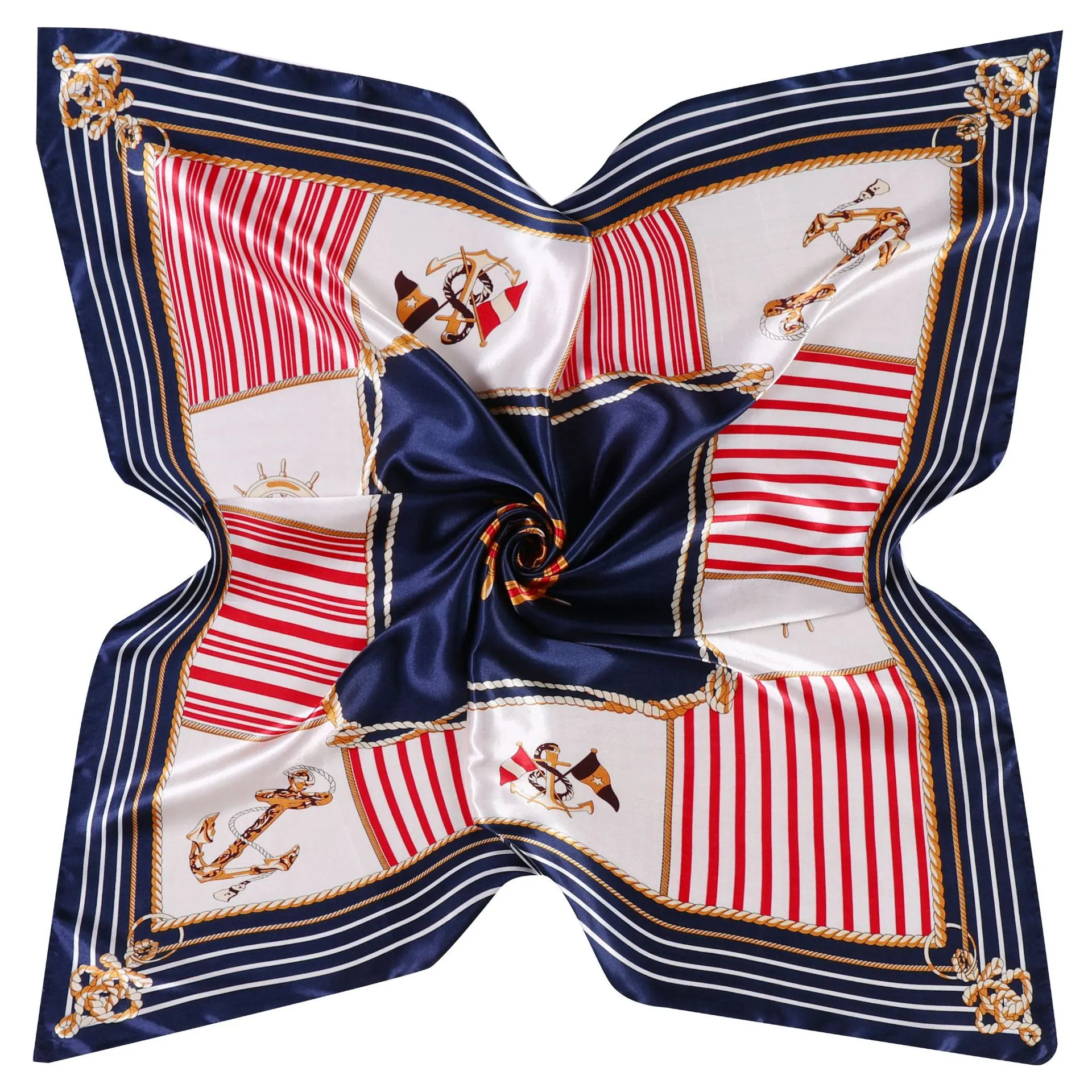 Femme Nautique Ancre Gouvernail Imprimé Satin Carré Foulard Large Rayures Aspect Soie Cheveux Cou Foulard Pour Voyage Accessoires