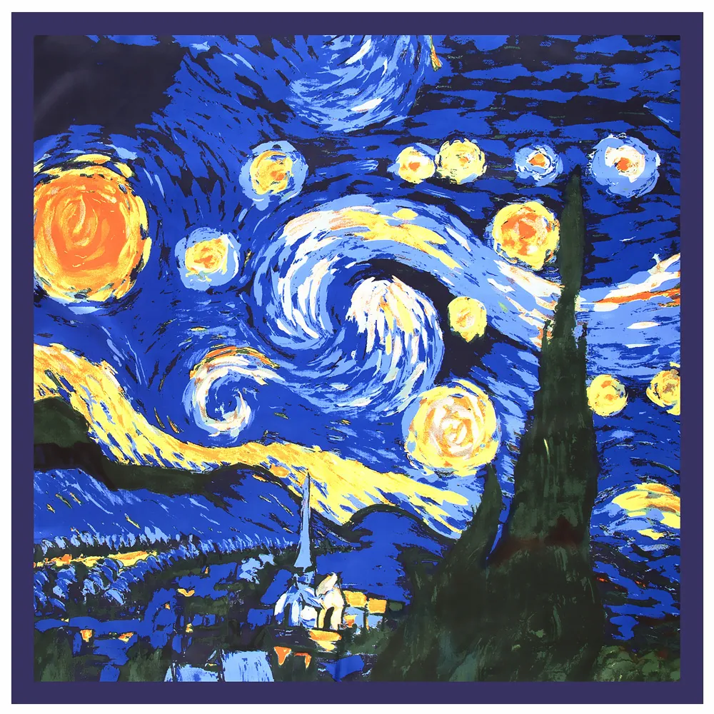 Van Gogh Starry Night Oil Painting Pattern Women Large Square Satin Scarf Luxury Artistic Print Shawl Wrap Headscarf For Travel Daily