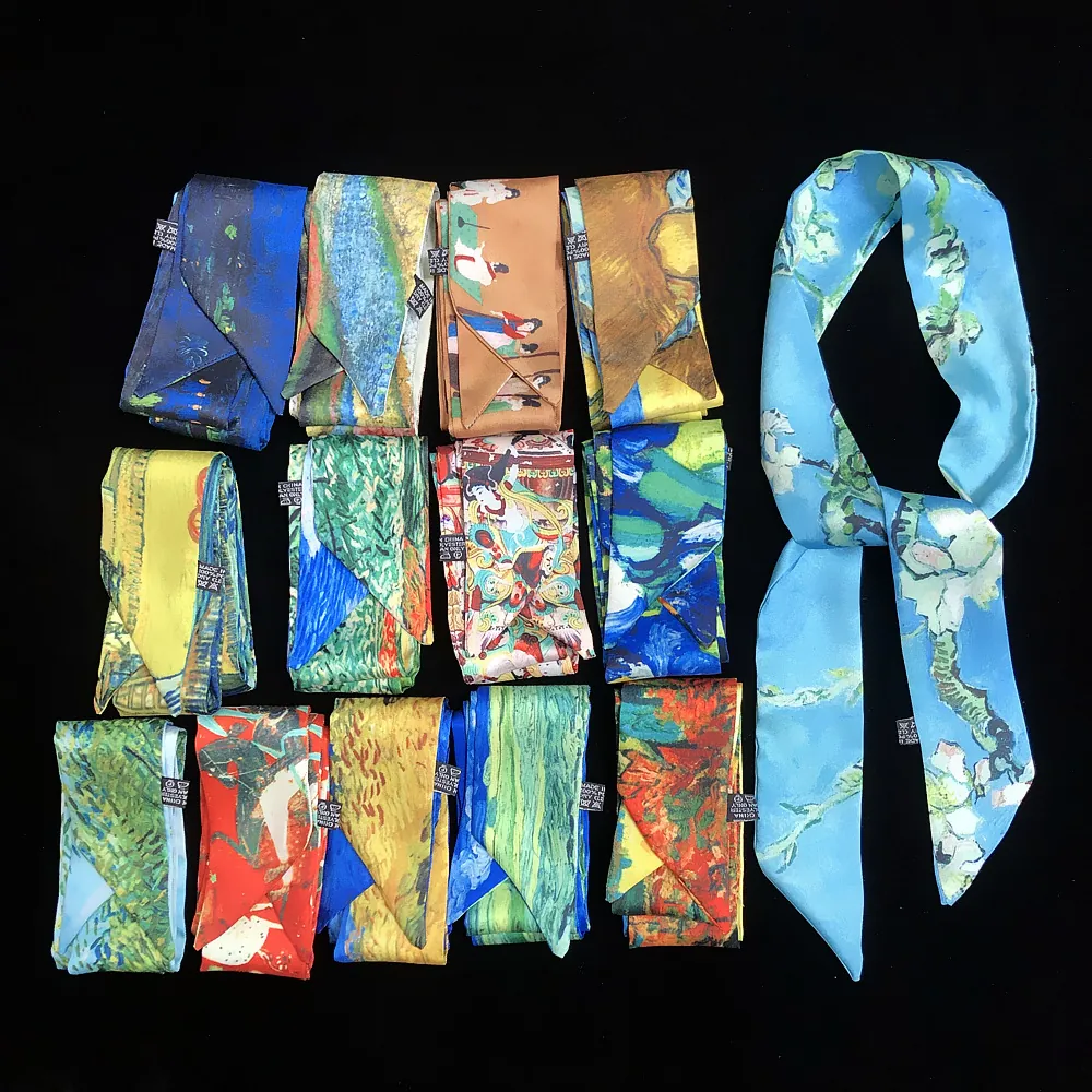 Van Gogh Art Oil Painting Satin Scarf For Women Vintage Floral Twilly Bag Handle Ribbon Hair Tie Bandana Neck Scarf Accessory