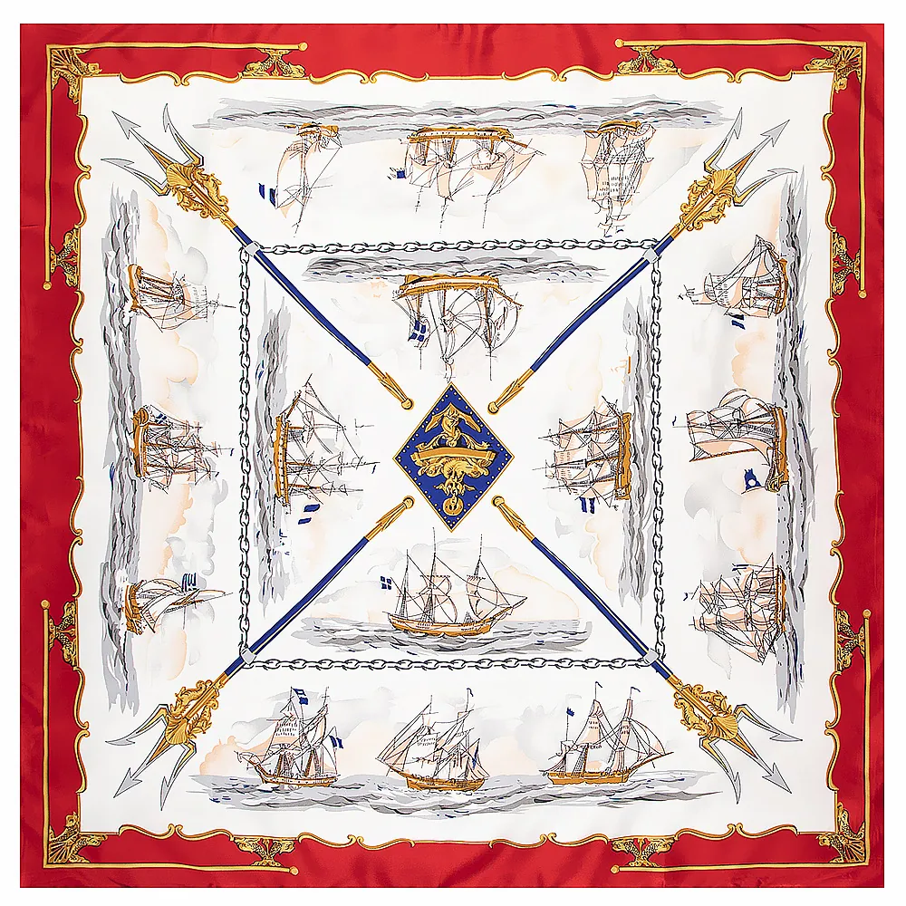 Women Nautical Sailboat Print Satin Large Square Scarf Elegant Western Classic Headscarf Shawl Wrap Silk Feeling Hair Accessories