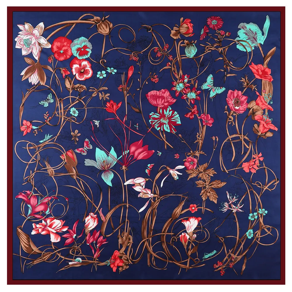 Elegant Satin Square Scarf For Women Botanical Floral Butterfly Print Large Headscarf Decorative Shawl Wrap Accessories