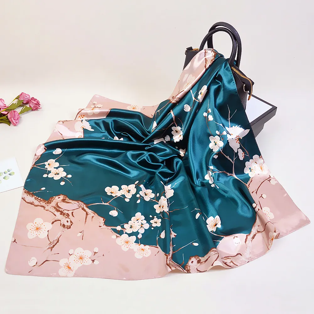 Elegant Satin Square Scarf Plum Blossom Floral Pattern Silk Like Scarf For Women Soft Lightweight Neck Scarf Wrap Shawl Accessorie