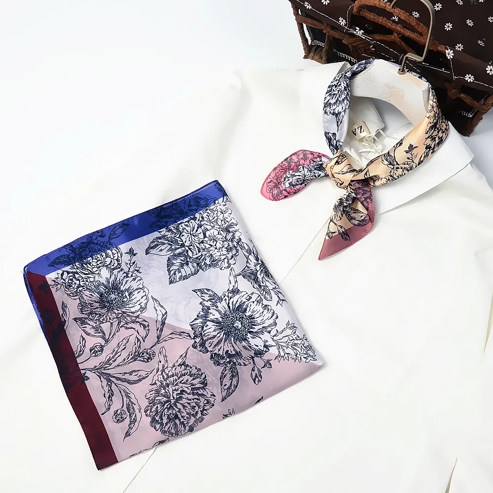 Women Vintage Peony Print Satin Square Scarf Professional Office Neck Scarf Small Silk-Like Floral Pattern Handkerchief