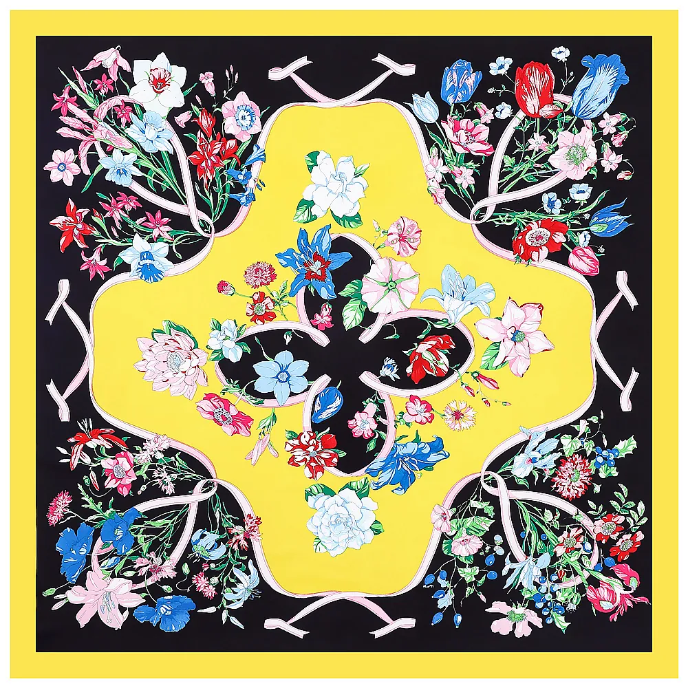 Women Luxury Satin Large Square Scarf Vintage Botanical Floral Horse Print Silk Like Shawl Sun Protection Headscarf Fashion Wrap