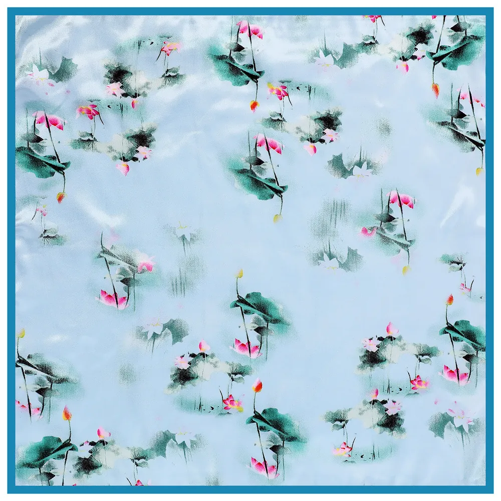 Oriental Ink Style Lotus Print Satin Square Scarf For Women Chinese Floral Decorative Neck Head Scarf Fashion Accessory