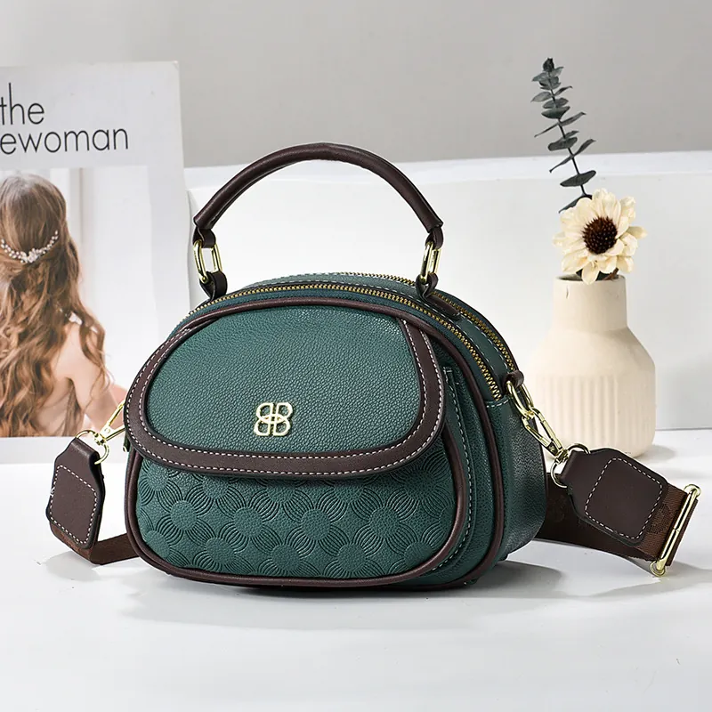 Women Vintage Shell Shape PU Leather Handbag Double Zipper Large Capacity Crossbody Bag Wide Fabric Strap Shoulder Bag Fashion