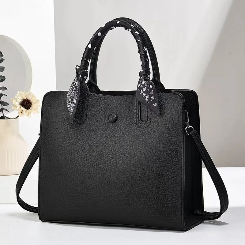 Sac Fourre-tout en Cuir PU Grain de Litchi pour Femmes Avec Foulard Décoratif Grande Capacité Sac à Main Bandoulière
