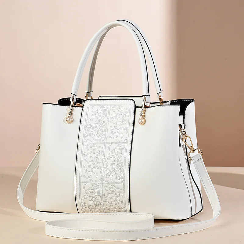 Women's Retro Cloud Embroidery Tote Bag Elegant PU Leather Handbag Large Capacity Crossbody Shoulder Bag With Artificial Pearl Charm