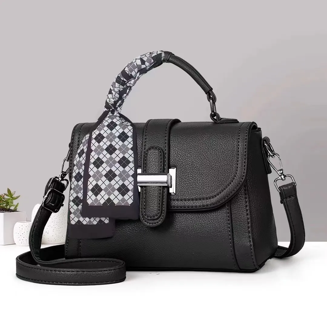 Women PU Leather Small Square Bag With Decorative Silk Scarf Litchi Pattern Shoulder Crossbody Handbag Daily Office Bag