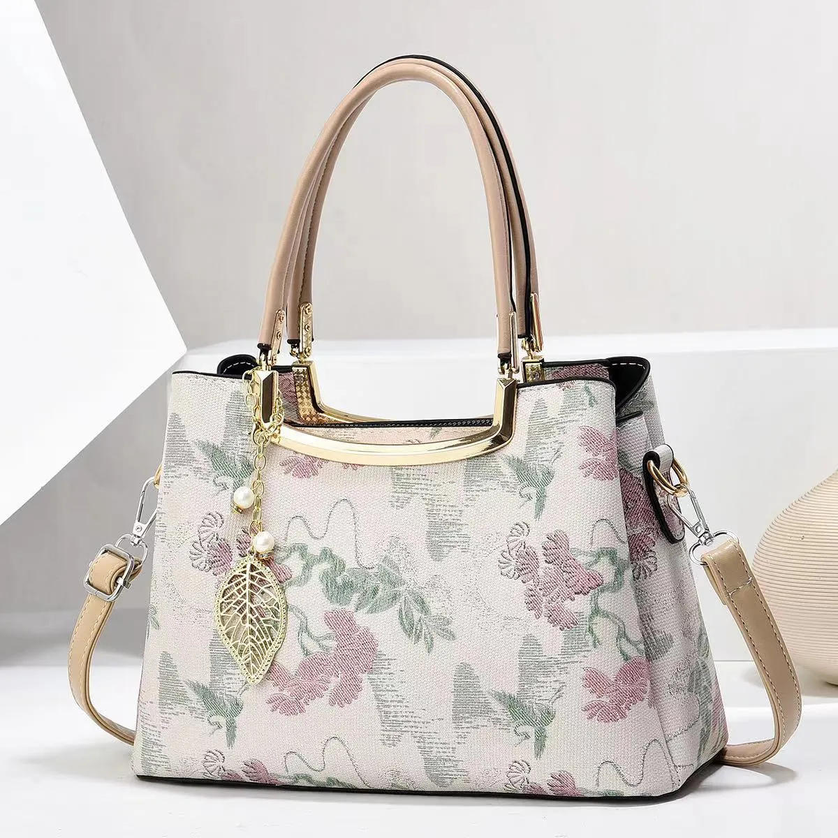 Vintage Jacquard Floral Embroidered Handbag For Women New Chinese Style PU Leather Top Handle Crossbody Bag Elegant Mother Bag With Leaf Artificial Pearl Pendant Gold Hardware