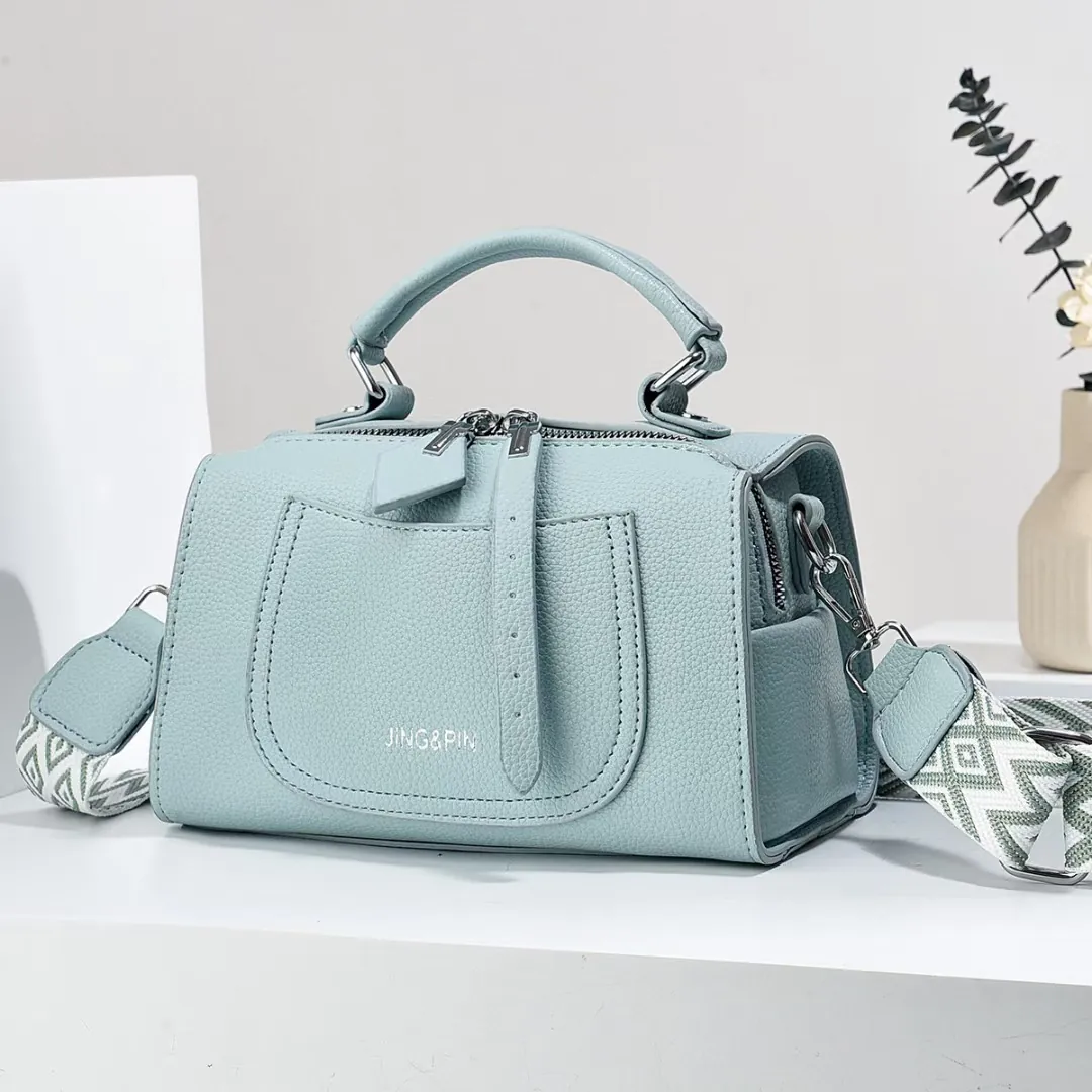 Women Fashion PU Leather Boston Bag Litchi Pattern Handbag With Wide Geometric Woven Shoulder Strap Daily Crossbody Bag