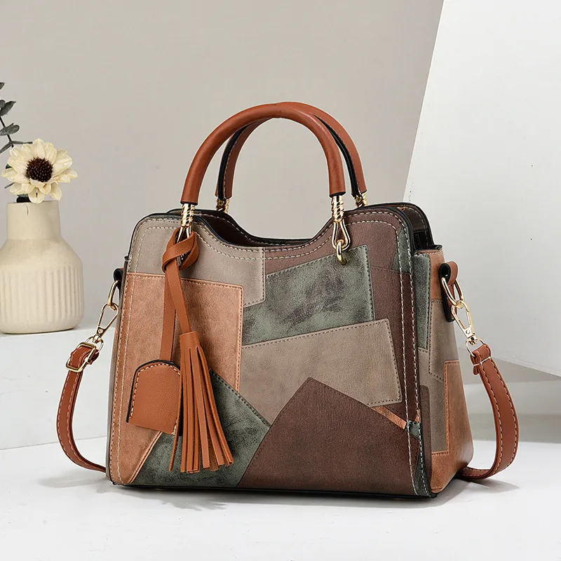 Women Retro Patchwork PU Leather Handbag Geometric Color Block Crossbody Bag With Tassel Top Handle Shoulder Bag Fashion Purse