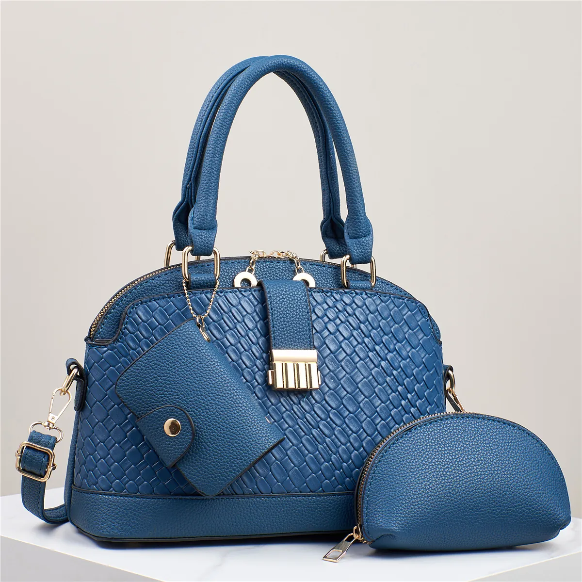 Sac à Main Femme Tissé en Cuir PU Forme Coquille Sac Bandoulière Avec Portefeuille Amovible Et Trousse de Maquillage Mode