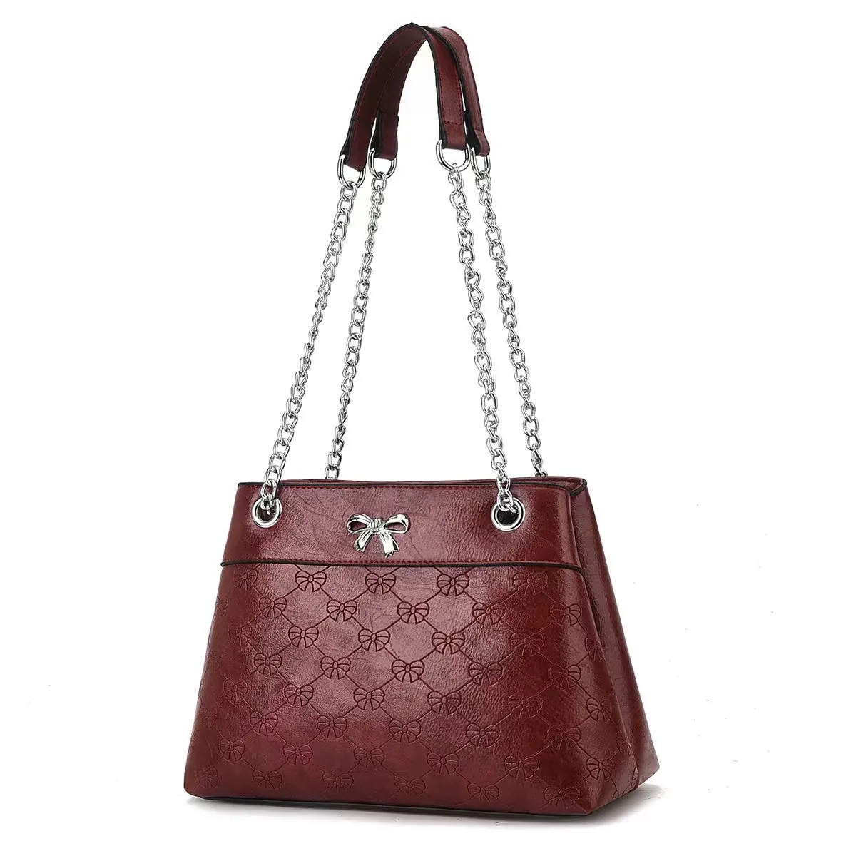 Women Fashion PU Leather Shoulder Bag Chain Strap Bowknot Embossed Crossbody Handbag For Lady Vintage Street Style Bag