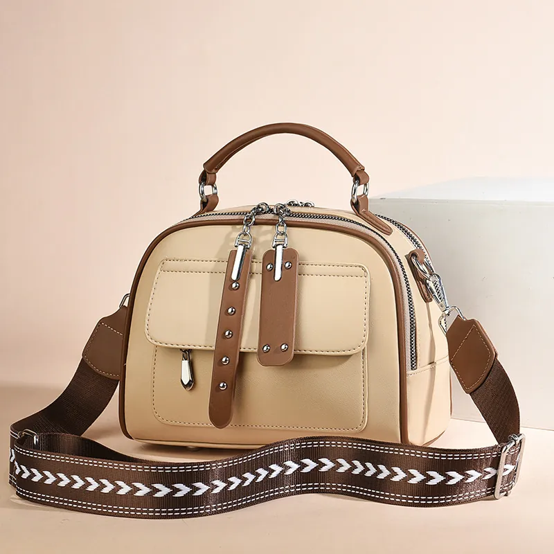 Women's PU Leather Handbag Retro Contrast Color Shell Bag Rivet Detail Wide Arrow Printed Strap Large Capacity Shoulder Bag Crossbody Purse For Daily Commute