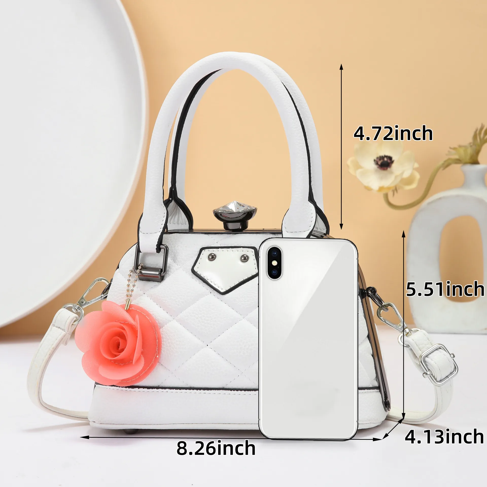 Sac Coquille Matelassé pour Femmes Sac à Main en Cuir PU Rétro Avec Pendentif Fleur et Fermoir en Cristal pour Voyage