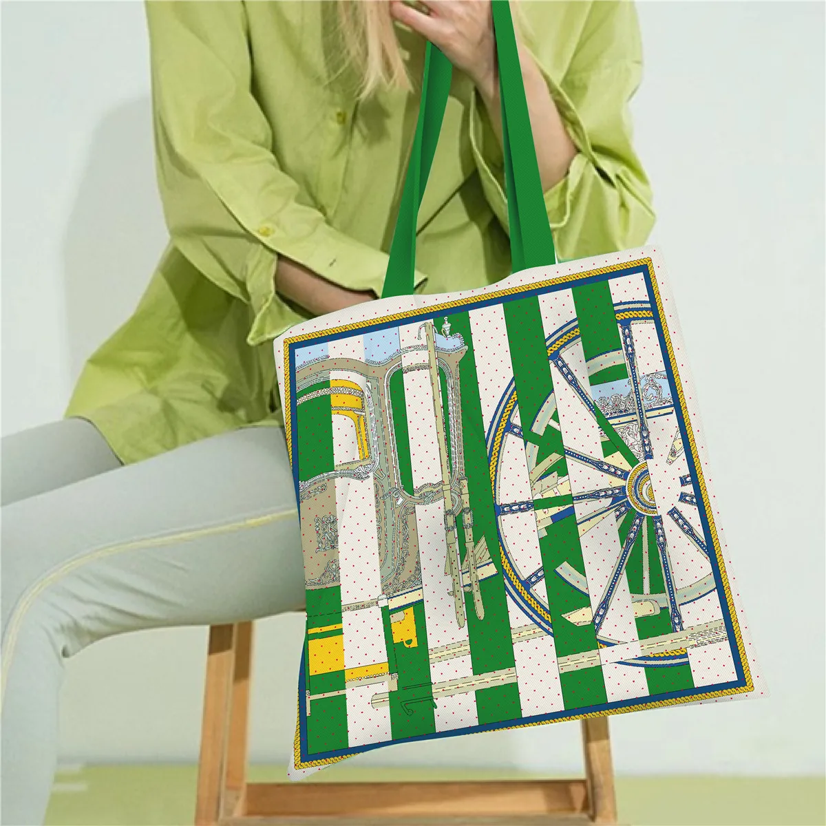 Women Canvas Tote Bag Retro Carriage Wheel Print Handbag Artistic Equestrian Pattern Shoulder Bag Daily Commuting Bag