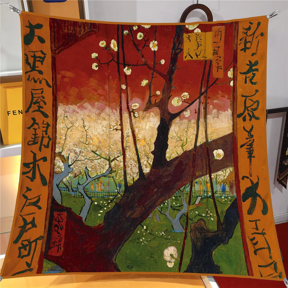 Foulard Quadrato in Raso con Stampa Pittura a Olio Van Gogh Giardino di Prugni Artistico Grande Sciarpa per Donna