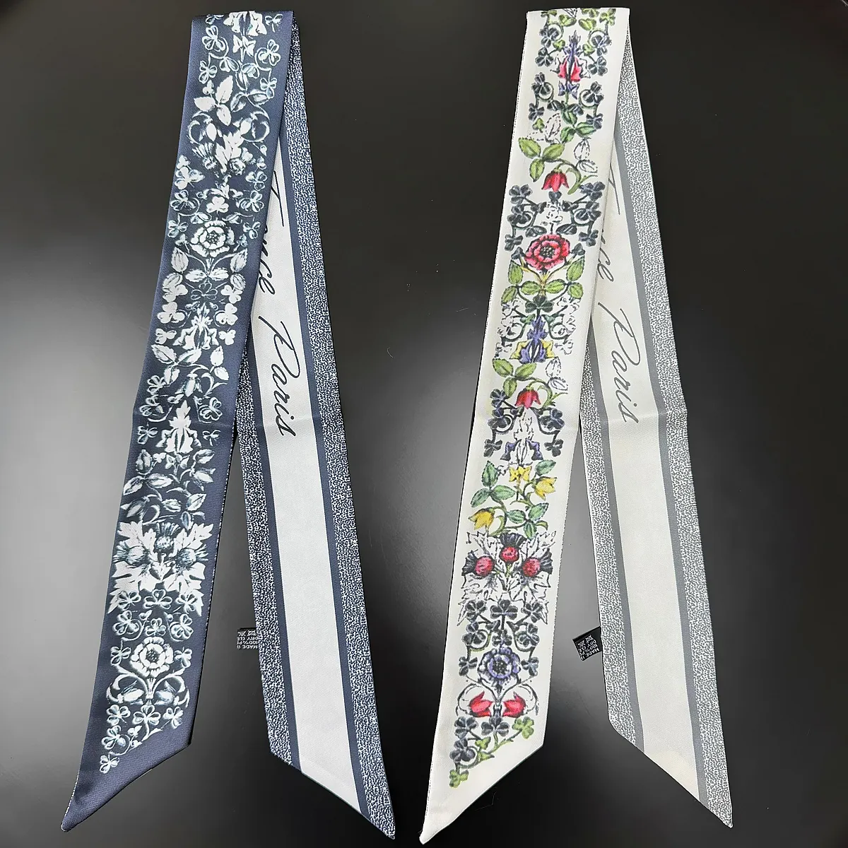 Foulard Twilly en Satin Floral Élégant Lettrage Paris Effet Soie Ruban Étroit pour Poignées de Sac Bandeau Tour de Cou