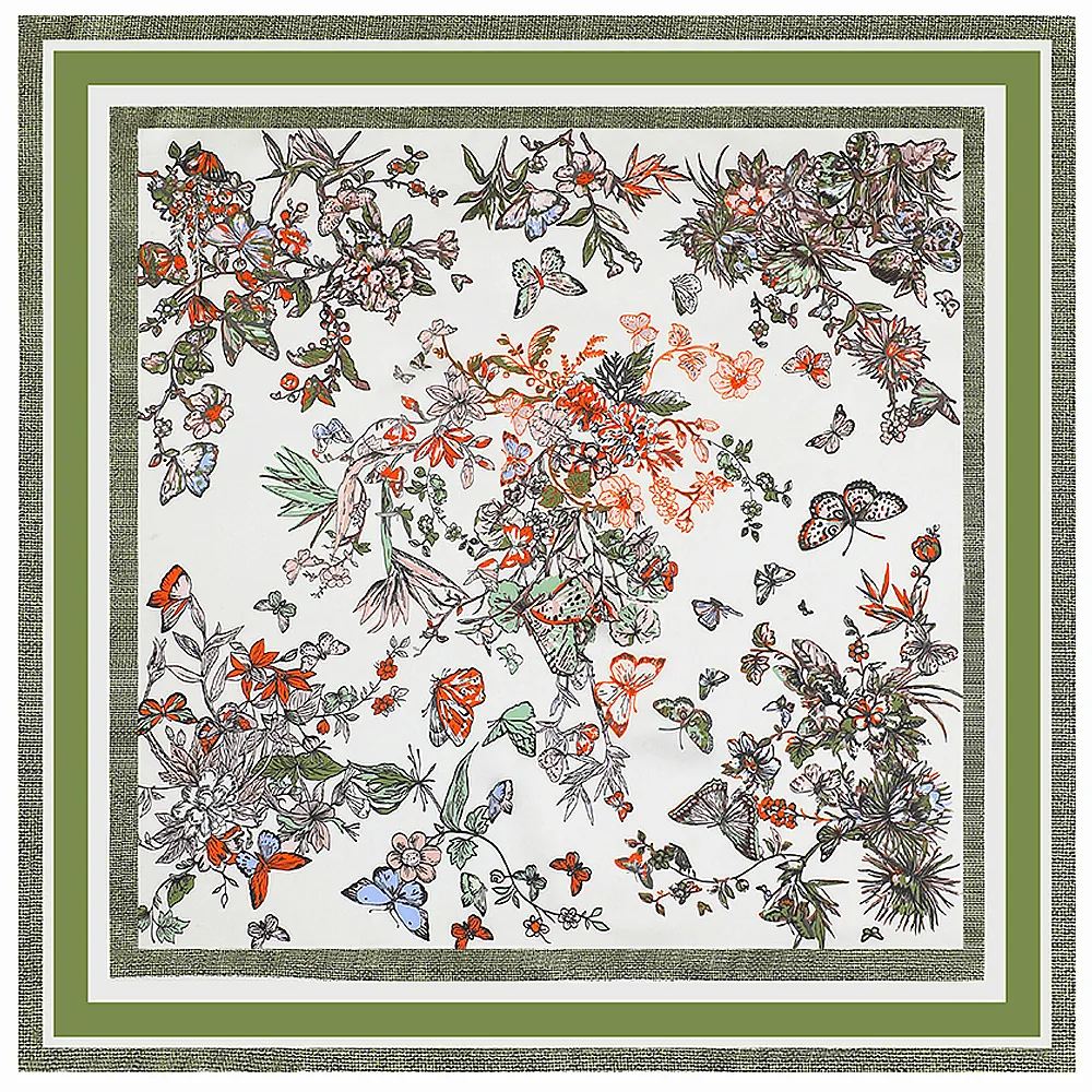 Women Fashion Satin Square Scarf Botanical Butterfly Floral Print Large Bandana Decorative Shawl Elegant Head Neck Scarf Wraps