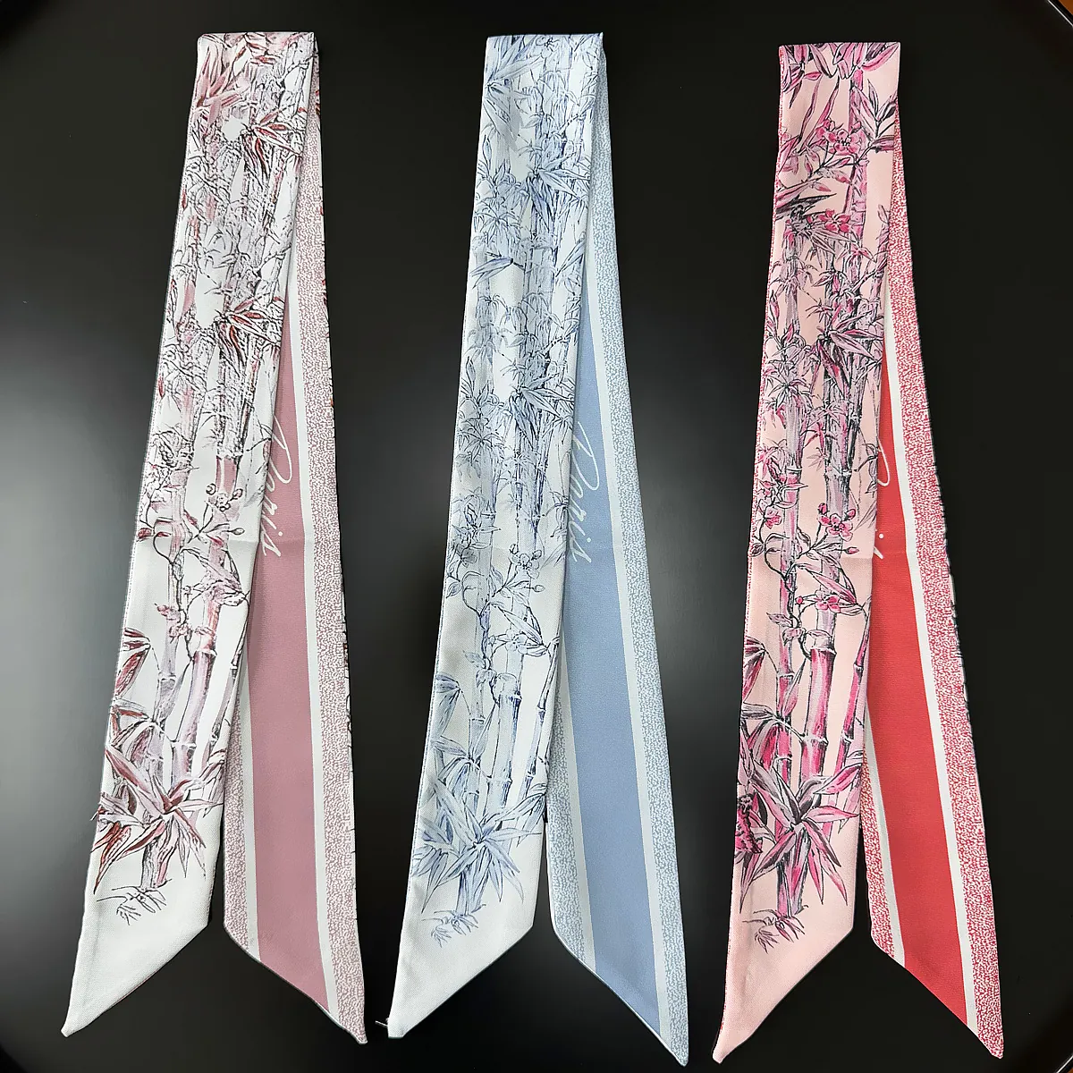 Women Elegant Satin Narrow Scarf Twilly With Bamboo Floral Print Digital Printed Neck Tie Hair Band Bag Accessory Gift