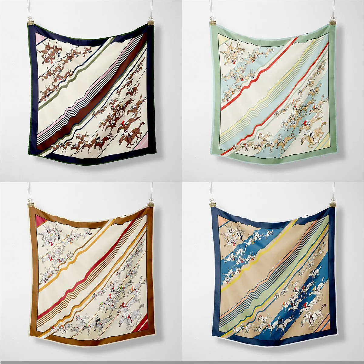 Carré de Soie Satin Femme Imprimé Équitation Course Hippique Foulard de Cou Bandana Vintage Style Français Effet Soie