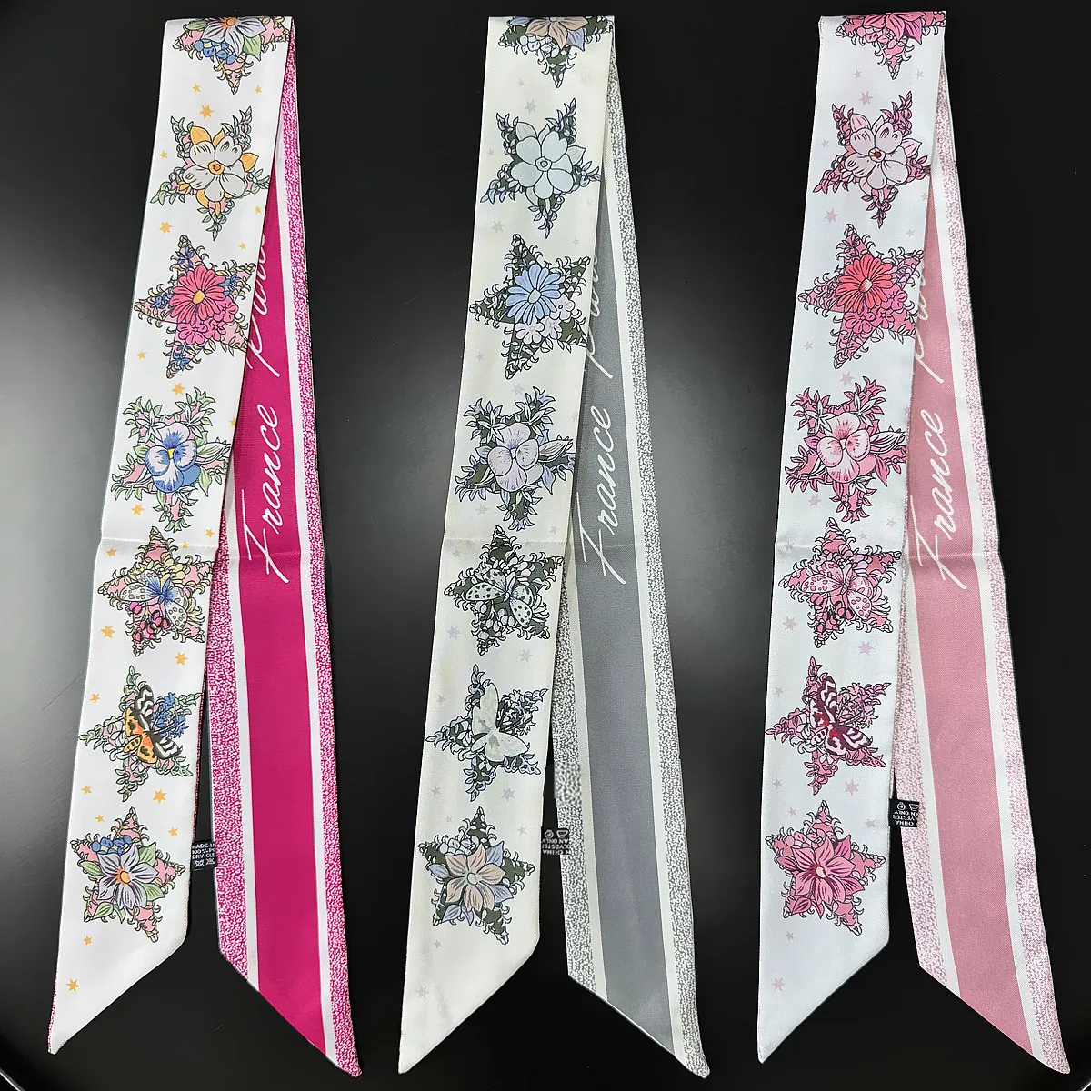 Vintage Flower Butterfly Twilly Satin Scarf For Women Narrow Hair Ribbon Handbag Handle Scarf Neck Tie Satin Feel Scarf