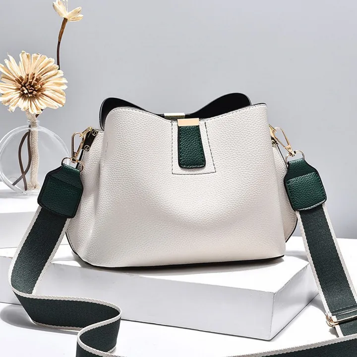Women Litchi Pattern PU Leather Bucket Bag Wide Fabric Strap Multi-Pocket Crossbody Shoulder Bag Commuter Handbag Elegant