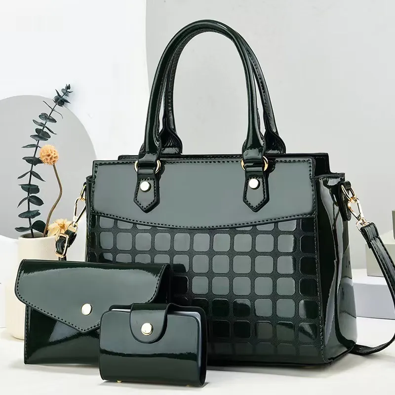 Fashion Women Patent PU Leather Handbag Tote Clutch And Card Holder Three Piece Set Checkered Embossed Large Shoulder Bag
