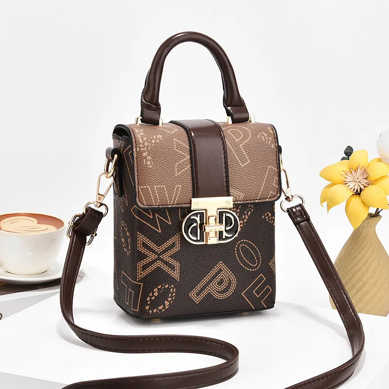 Women Vintage PU Leather Mobile Phone Bag Letter Print Woven Texture Small Crossbody Bag With Metal Lock Handbag For Travel Casual