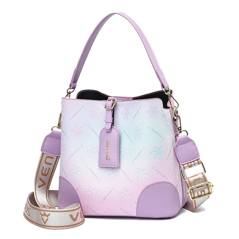 Women Gradient Rainbow Bucket Bag PU Leather Large Capacity Shoulder Crossbody Bag With Wide Letter Strap Floral Print Handbag
