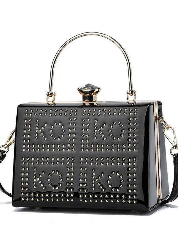 Women's Elegant Patent Leather Evening Bag With Rhinestone Buckle Rivet Letter Pattern Round Metal Handle Party Handbag