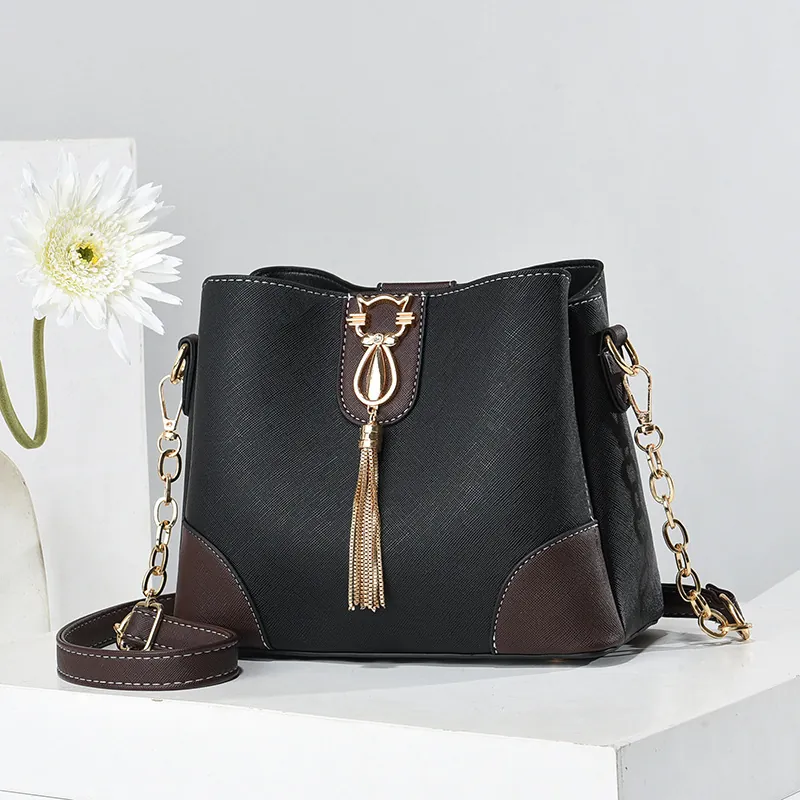 Women Fashion Saffiano PU Leather Bucket Bag With Cat Tassel Hardware Chain Strap Shoulder Crossbody Handbag Daily Bag