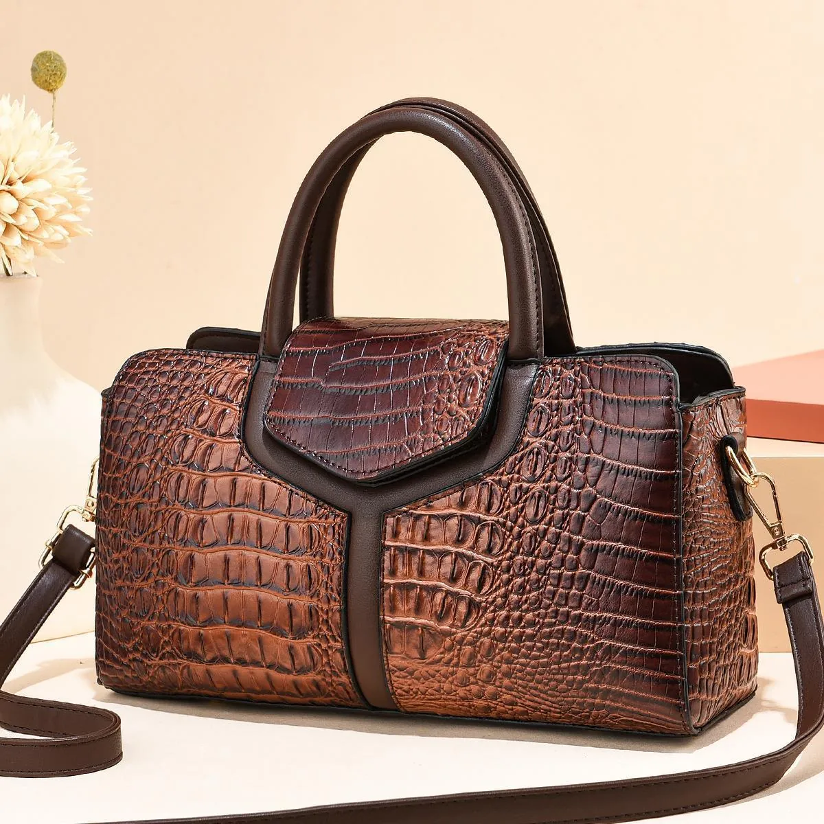 Sac à Épaule pour Femme Avec Gaufrage Alligator en Similicuir PU Grande Capacité Sac à Main Uni Avec Poignée Et Bandoulière