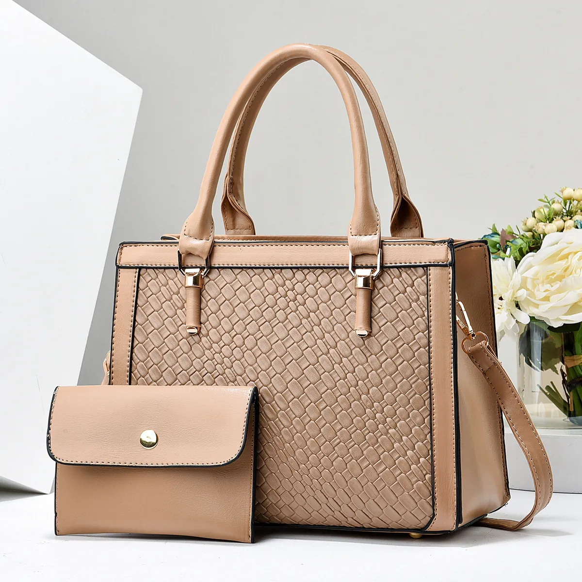 Borsa a Mano Grande e Piccola Pochette da Donna in Pelle PU con Trama Intrecciata Borsa a Tracolla per Pendolari Ufficio Street Trendy Style