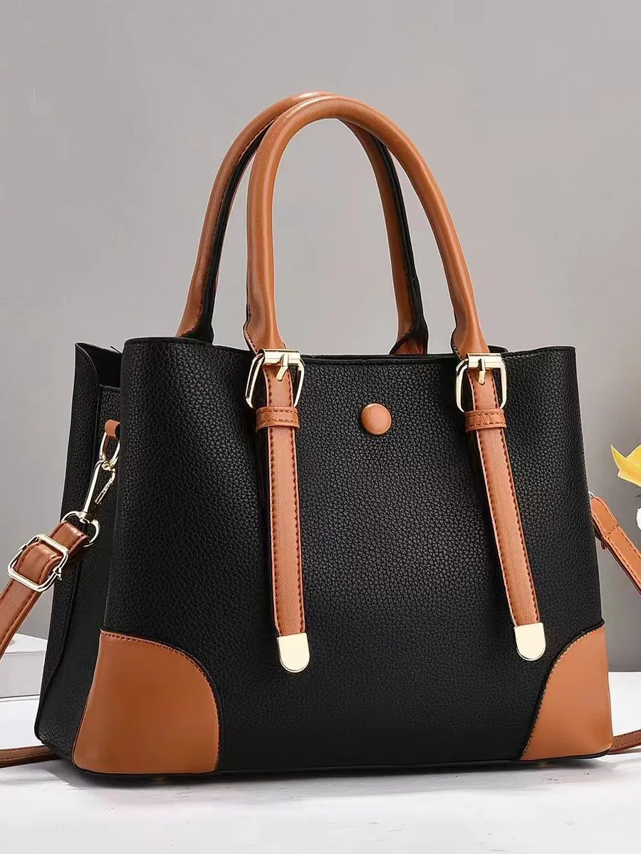 Women Trendy Large Capacity Lychee Pattern PU Leather Handbag Fashion Color Block Shoulder Crossbody Bag For Women Daily Business Commuting