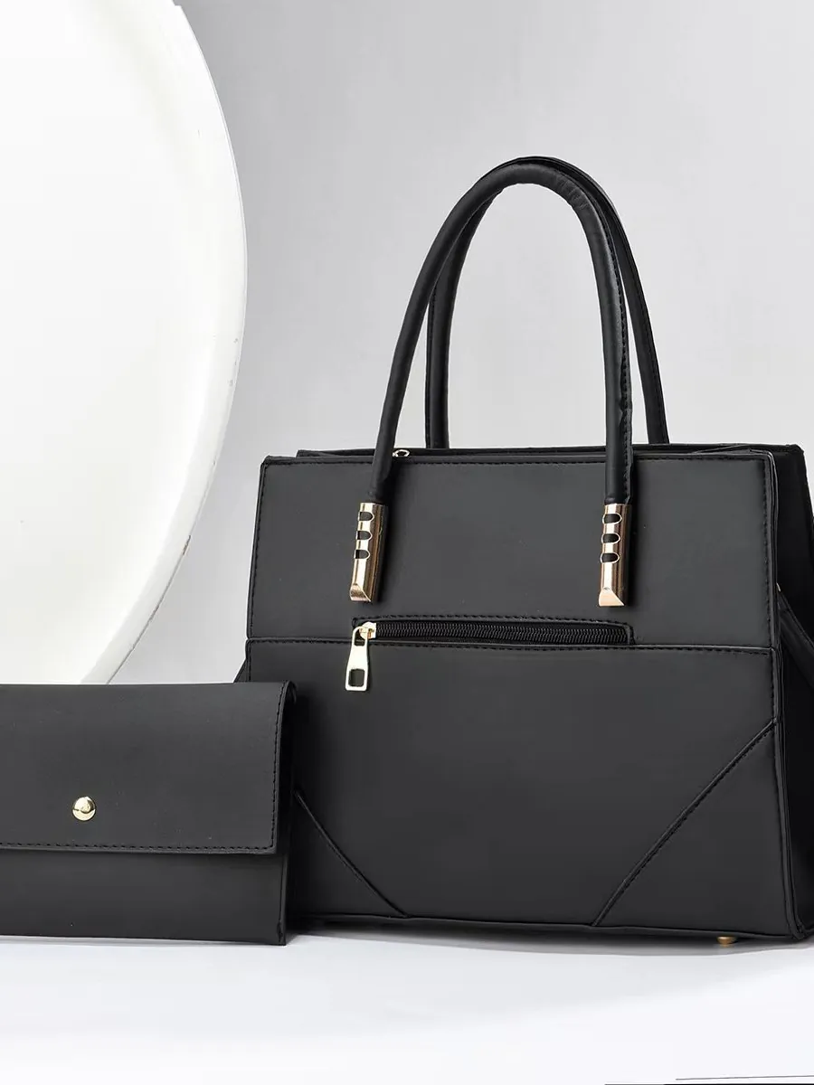Women PU Leather Tote Bag And Matching Wallet Large Capacity Solid Color Shoulder Bag Handbag With Gold Hardware Fashion Bag Set