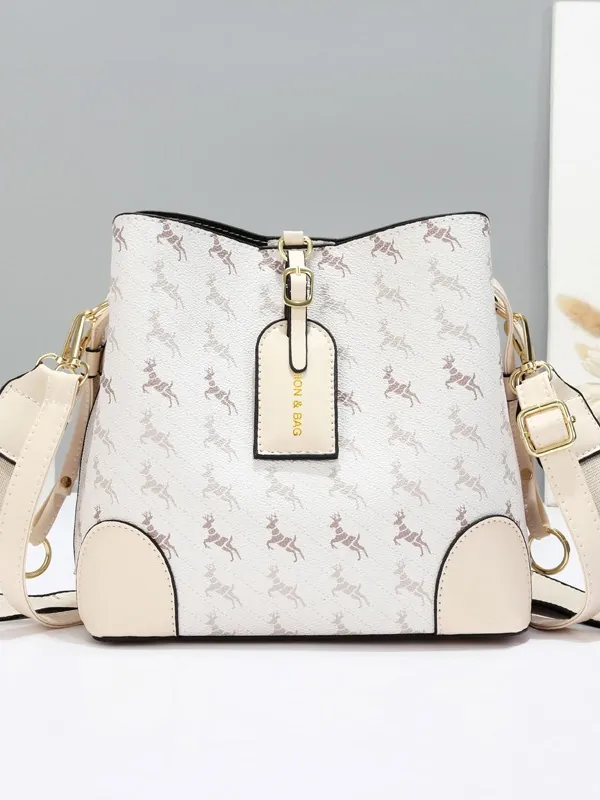 Women Elegant PU Leather Bucket Bag Deer Print Gold Hardware Wide Shoulder Strap Crossbody Bag Multi Layer Travel Handbag
