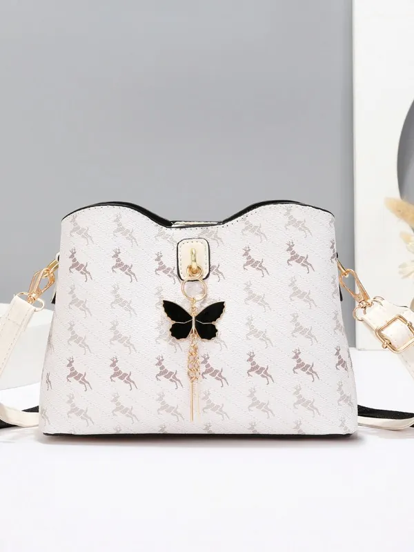 Sac Seau pour Femme en Similicuir Avec Imprimé Animal Pendentif Papillon Gland Doré Ferrures en Métal Bandoulière Chevron Large