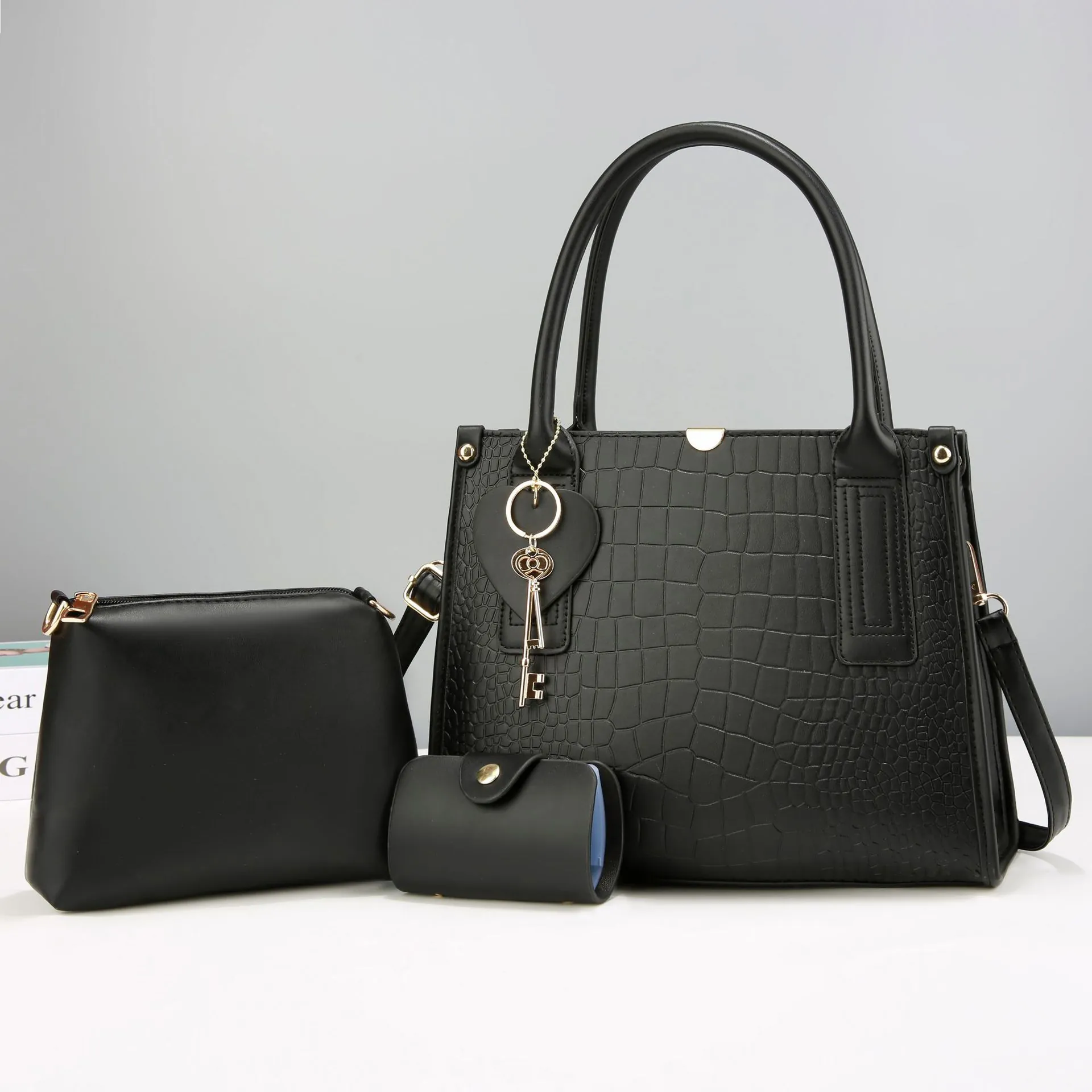 Ensemble de Sacs pour Femmes en Cuir PU Motif Crocodile Sac à Main et Bandoulière et Porte-Cartes Accessoires Dorés Charme de Cœur