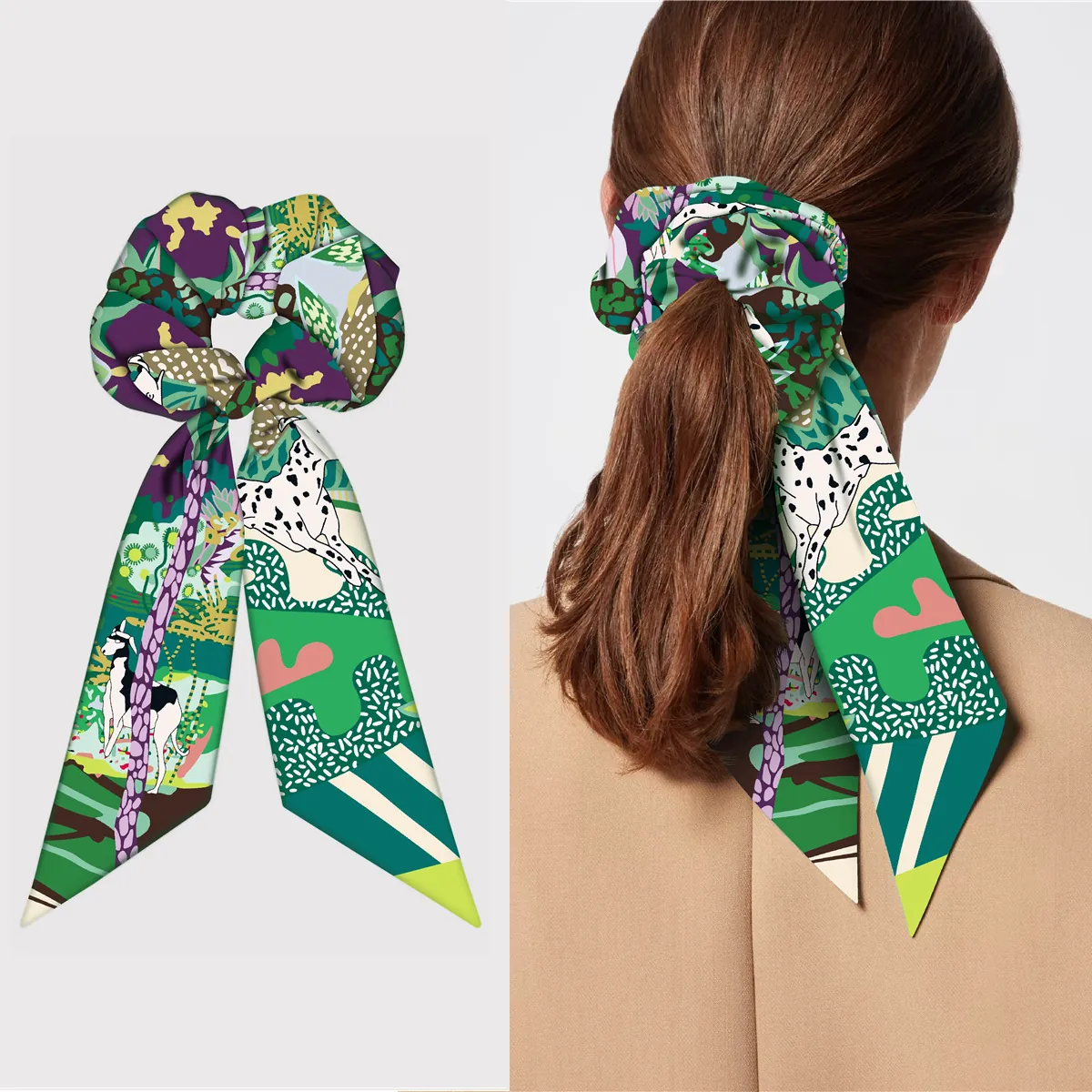 Chouchou Foulard en Satin Style Français Avec Longues Banderoles Imprimé Chien Dalmatien Plante Attache Cheveux Femme