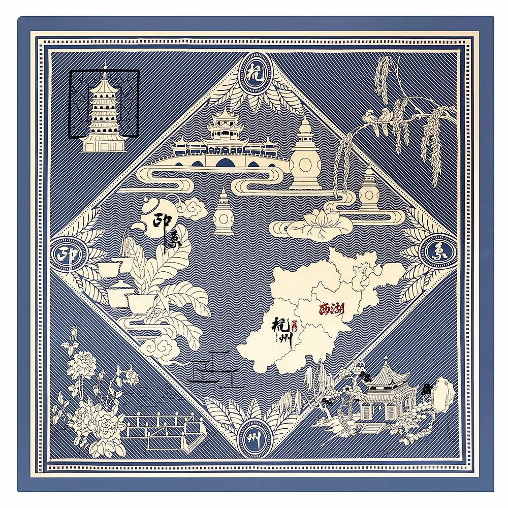 Damen Retro Chinesischer Stil Satin Quadratischer Schal Hangzhou Westsee Landschaft Druck Großer Dekorativer Schal Eleganter Turban Schal