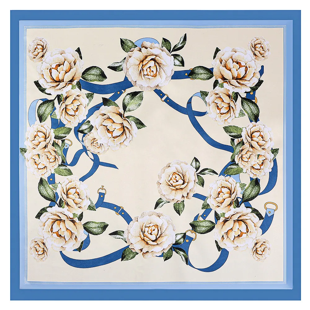 Foulard Quadrato in Satin Retrò da Donna Elegante Stampa a Rose Catena Cintura Simile alla Seta Grande Scialle Decorativo 90cm