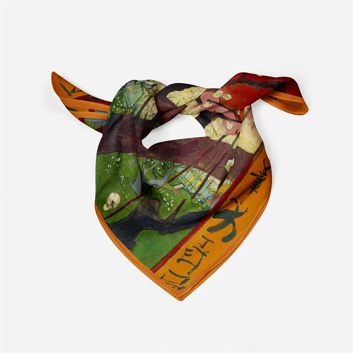 Vintage Van Gogh Plum Orchard Print Square Scarf Artistic Polyester Satin Handkerchief Neckerchief For Women Neck Scarf