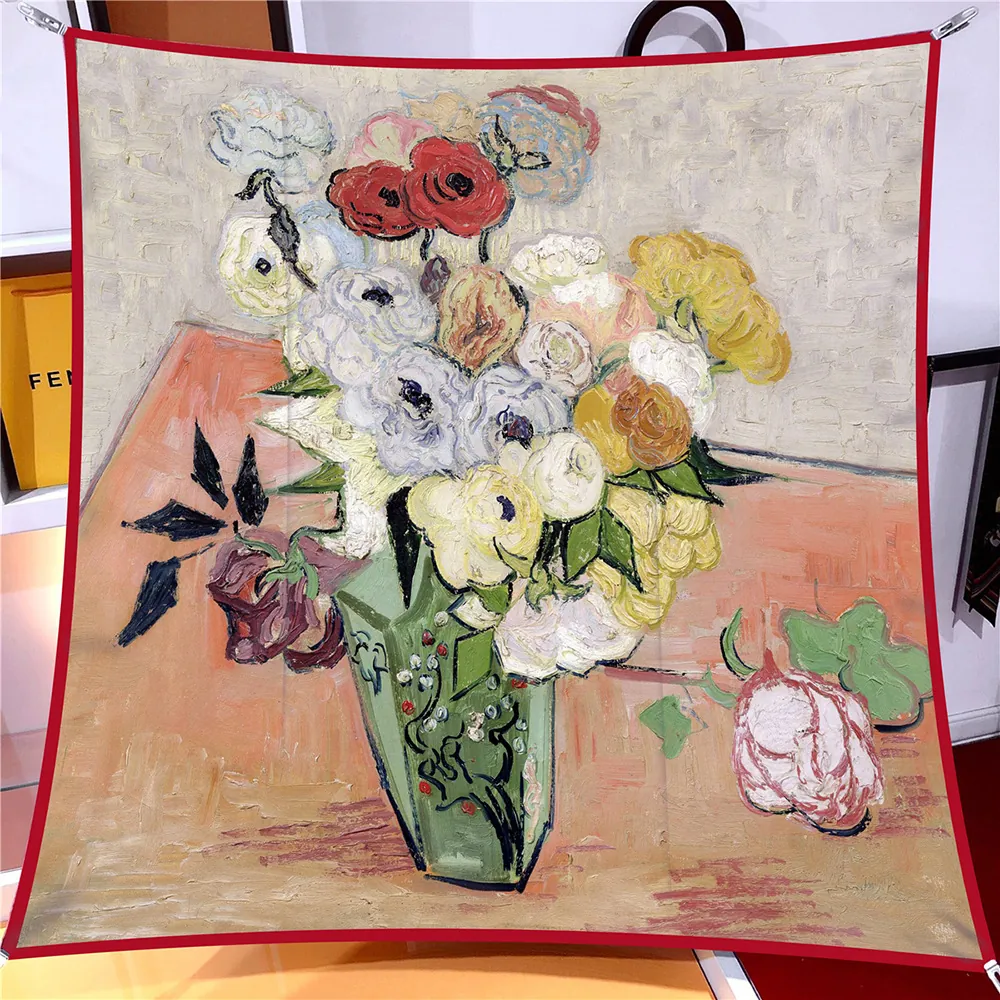 Van Gogh Oil Painting Rose Anemone Print Satin Square Scarf For Women Soft Silk Feel Twill Shawl Wrap Large Fashion Scarf Accessory