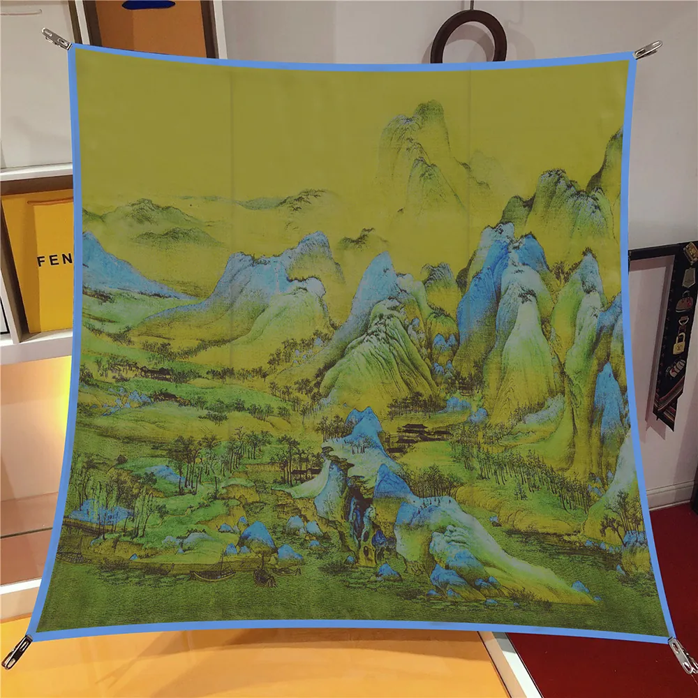 Traditional Chinese Landscape Painting Satin Square Scarf Elegant National Style Air Conditioning Shawl For Women Large Lightweight Wraps